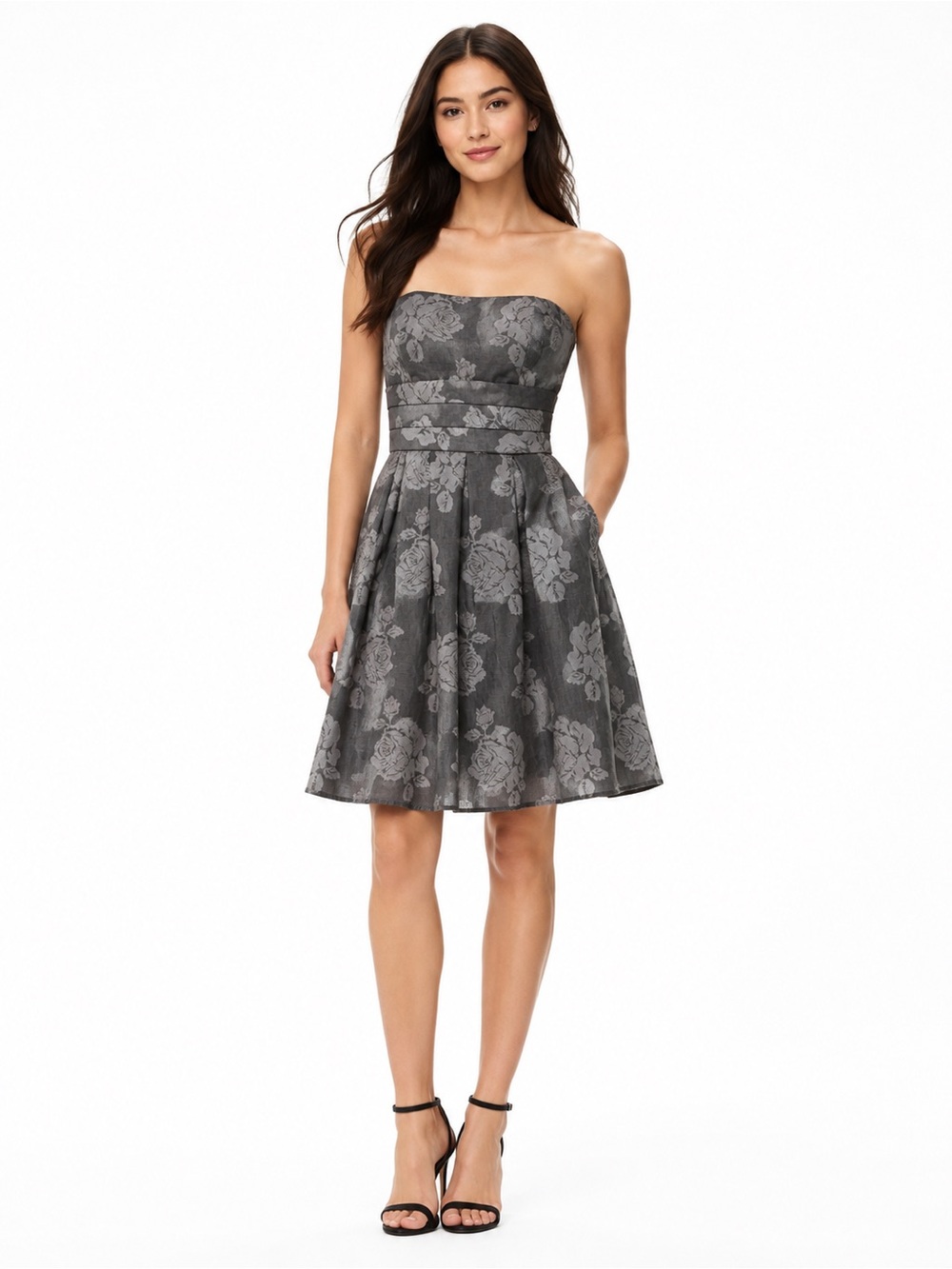 Ann Taylor Strapless Gray Floral Fit & Flare Cocktail Dress Size 0 Lined